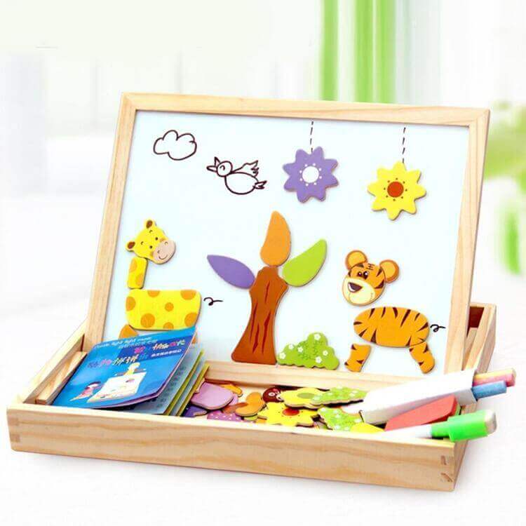 Houten Magnetisch Teken- en Puzzelbord voor Kinderen met Dubbelzijdig Whiteboard en Schoolbord Educatief Speelgoed | Sulvida