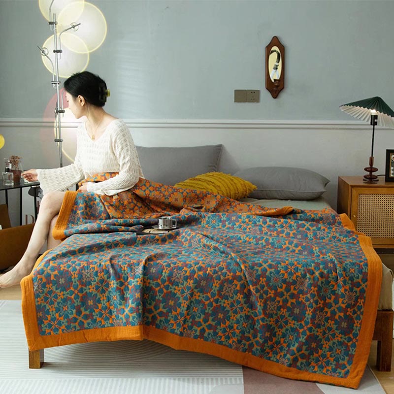 Zeslaags Katoenen Quilt Oranje en Blauw Patroon Omkeerbaar Dekbed Ademend Bedtextiel voor Modern Slaapkamerinterieur | Sulvida