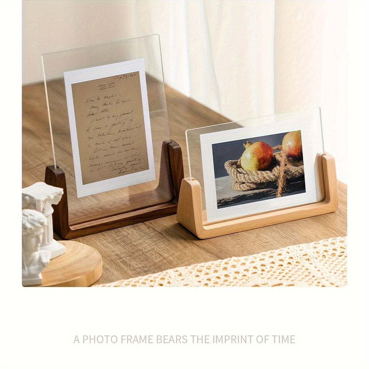 Fotolijst met U-vormige houder acryl en hout modern tijdloos design staand liggend 15 cm decoratief interieur | Sulvida