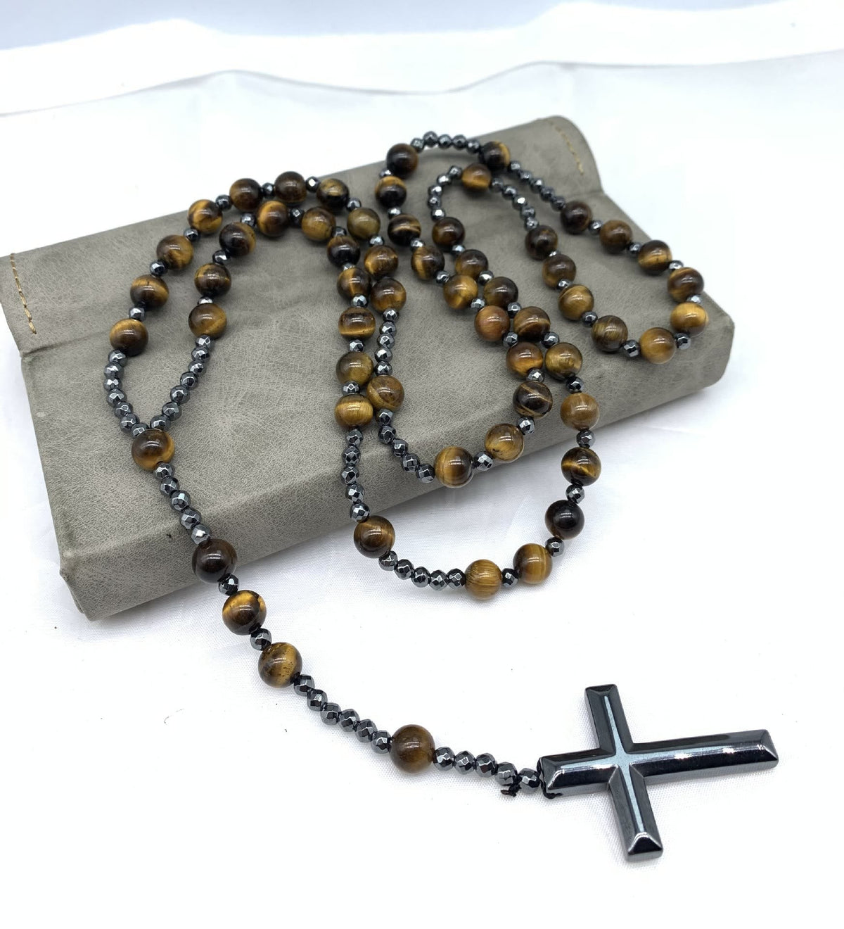 Collier chapelet pour homme en pierres naturelles, œil-de-tigre, lapis-lazuli, croix, perles, réglable, spirituel, bijou de prière | Sulvida