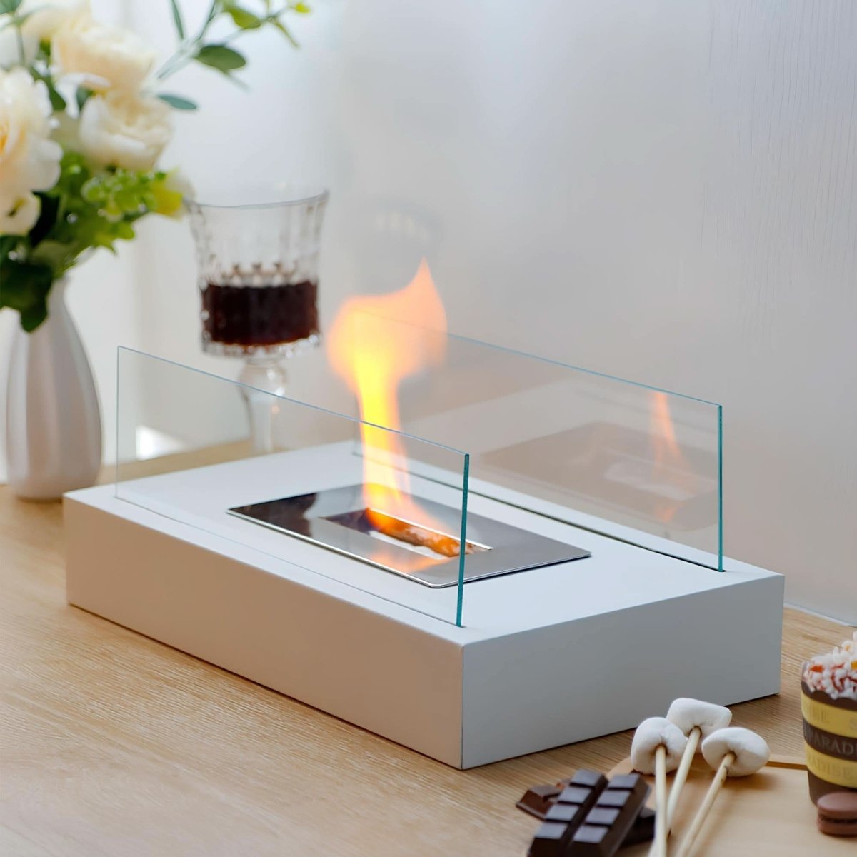 Tafelkachel met bioethanol glas en staal 28 × 14 cm sfeervolle kaarsvlam sfeervuur decoratief voor binnen buiten | Sulvida