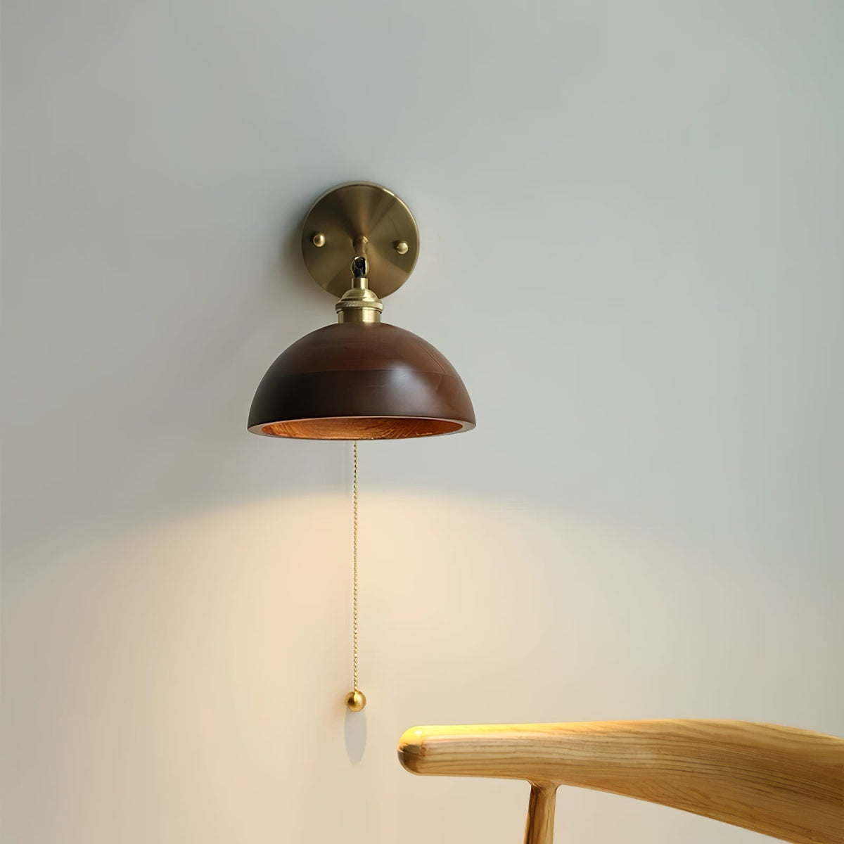 Vintage Wandlamp Hout met Trekschakelaar Dome Kap Messing E26 E27 Slaapkamer Woonkamer Warm Sfeerlicht Retro | Sulvida
