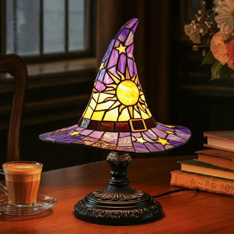 Heksenhoed Lamp met Warm LED-Licht Halloween Tafeldecoratie Sfeerlamp Gotisch Interieur Handgemaakt 35 cm | Sulvida