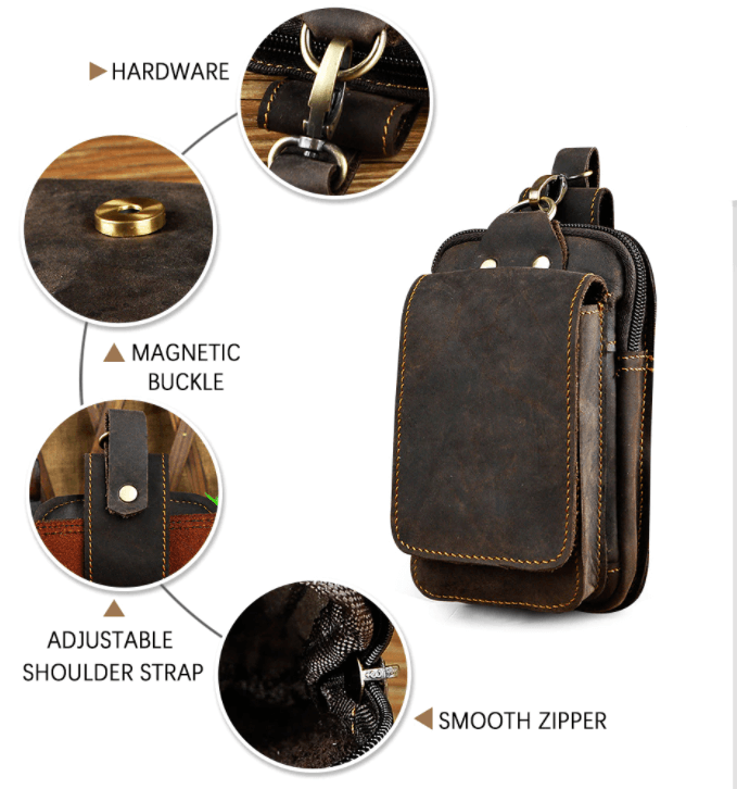 Heuptas Heren Leer Vintage Bruin Zwart Compacte Reistas Handsfree Draagcomfort Duurzaam Vakken Magneet | Sulvida
