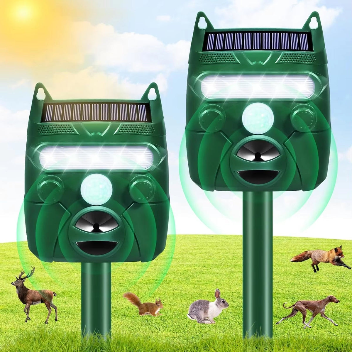 Répulsif ultrasonique pour animaux à énergie solaire pour jardin avec détecteur de mouvement, portée de 110 m², étanche IP44 | Sulvida