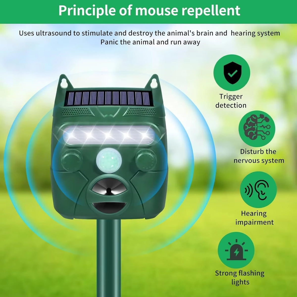 Répulsif ultrasonique pour animaux à énergie solaire pour jardin avec détecteur de mouvement, portée de 110 m², étanche IP44 | Sulvida