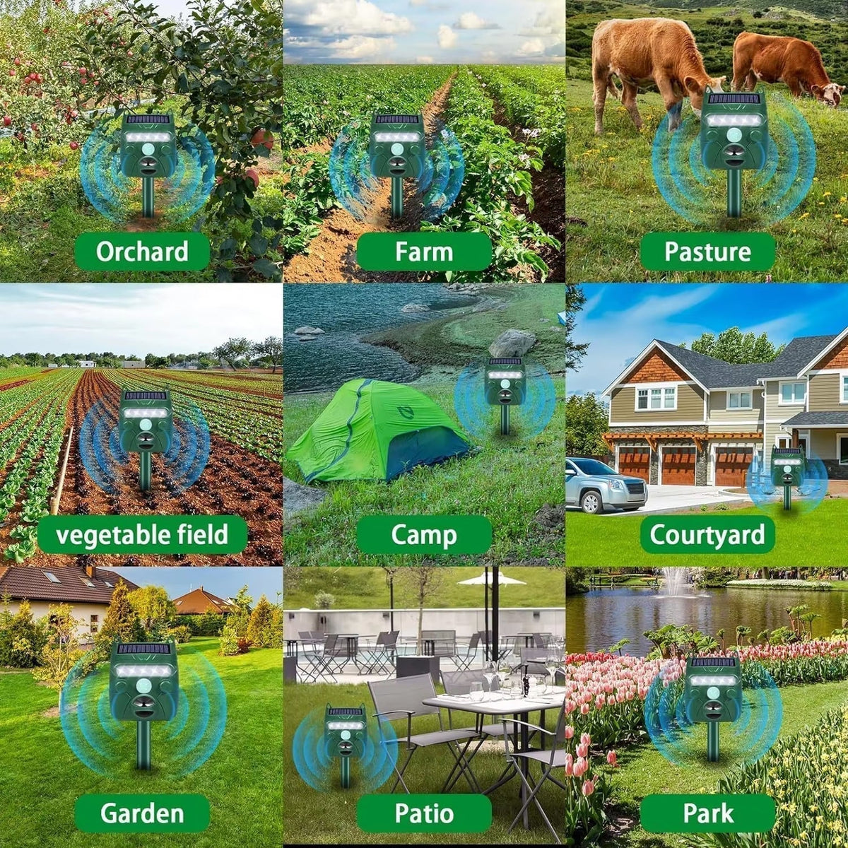 Répulsif ultrasonique pour animaux à énergie solaire pour jardin avec détecteur de mouvement, portée de 110 m², étanche IP44 | Sulvida