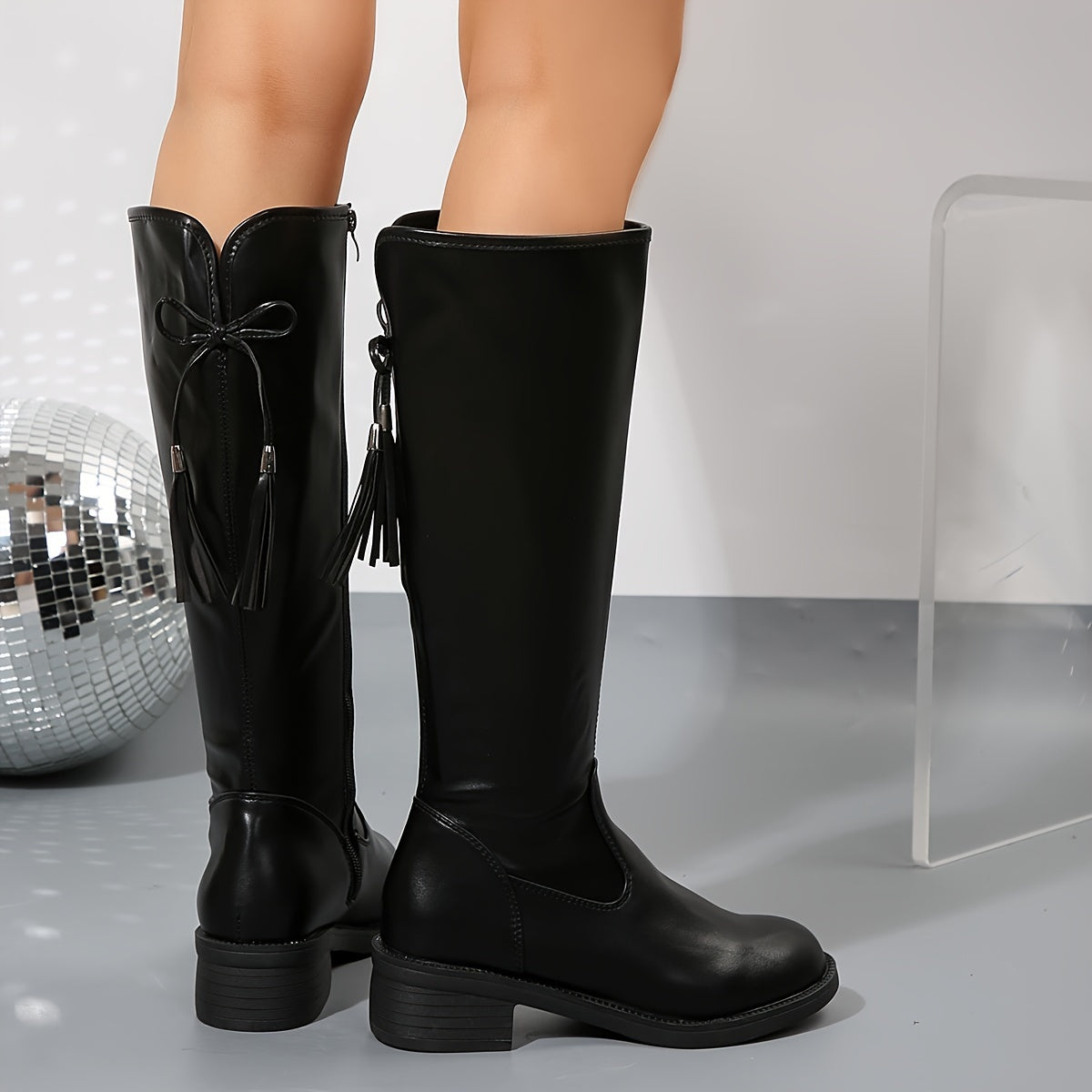 Bottes d’équitation hautes pour femme noires à talon rond, fermeture éclair, bottes d’hiver élégantes pour les fêtes et les sorties | Sulvida