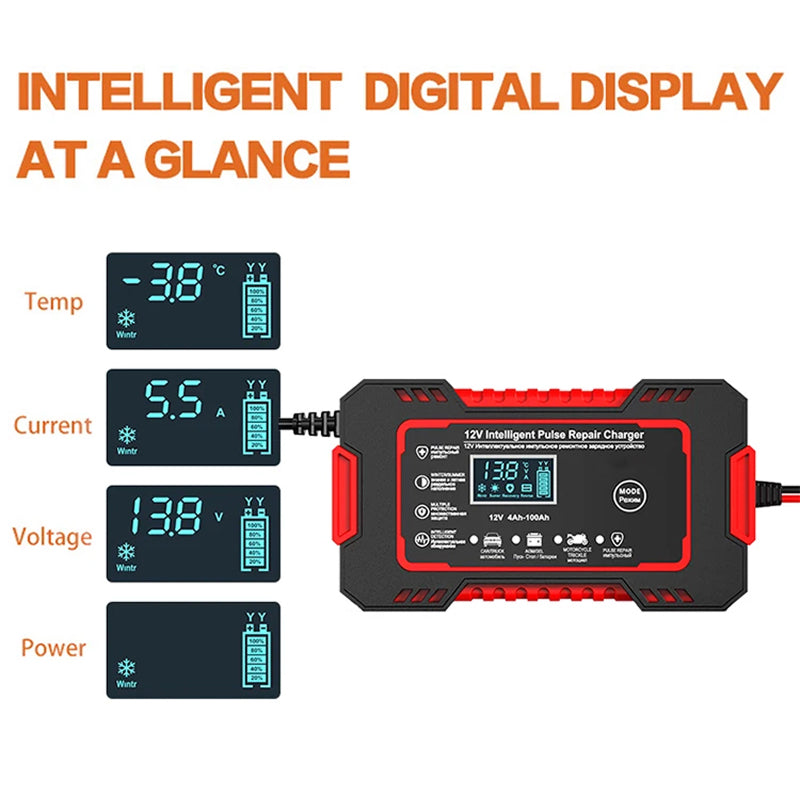 Chargeur de batterie intelligent 12V 6A avec réparation par impulsions et écran LCD pour voiture, bateau à moteur, moto et camping-car | Sulvida