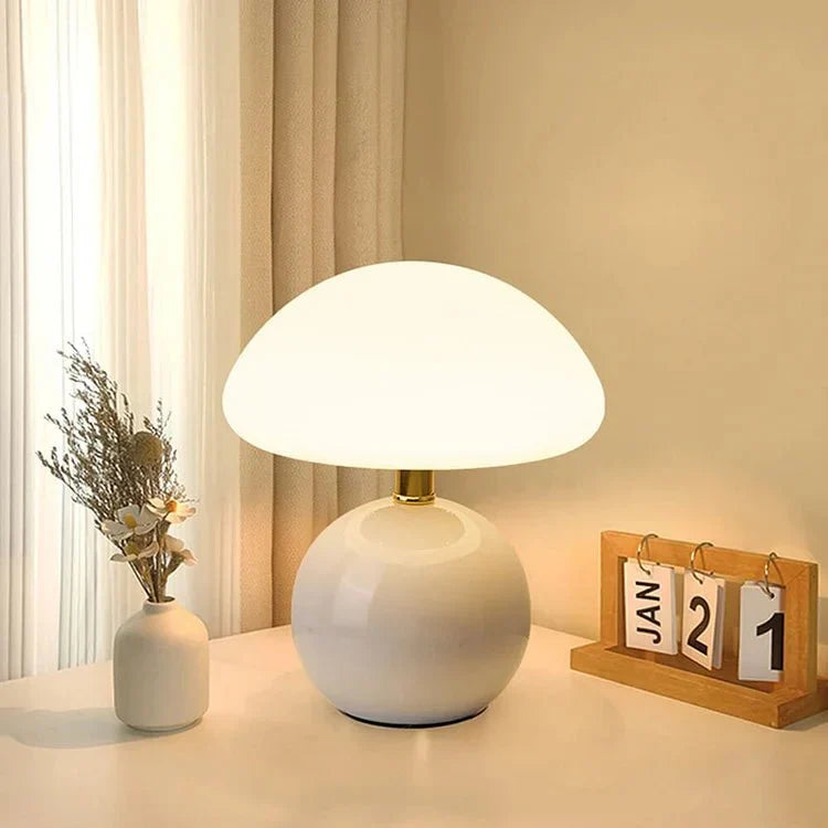 Paddenstoellamp crème met LED-verlichting 3-kleuren instelbaar keramiek en PVC 20 × 22 cm retro Bauhaus | Sulvida