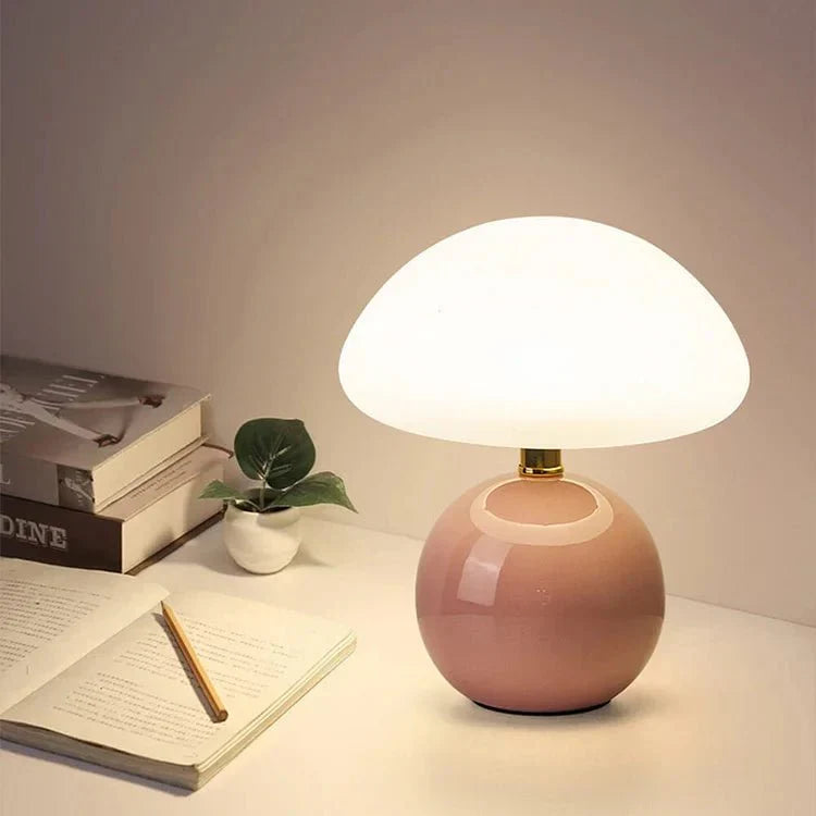 Paddenstoellamp crème met LED-verlichting 3-kleuren instelbaar keramiek en PVC 20 × 22 cm retro Bauhaus | Sulvida