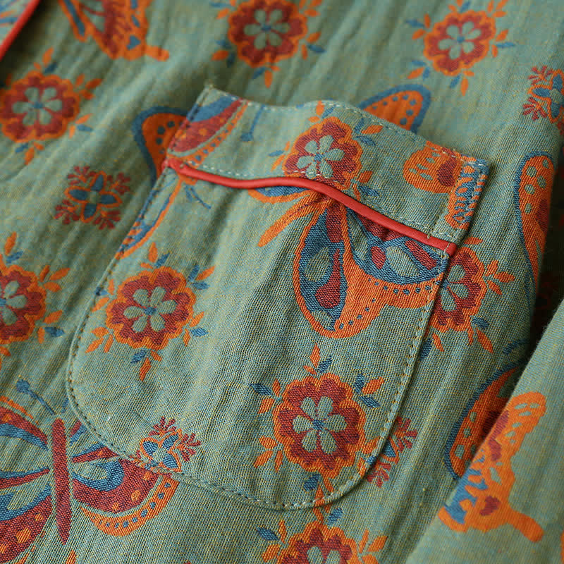 Vintage Vlindermotief Katoenen Loungewear Pyjama Set met Lange Mouwen voor Comfortabele Ontspanning Dames Thuiskleding Nachtkleding Huispak | Sulvida