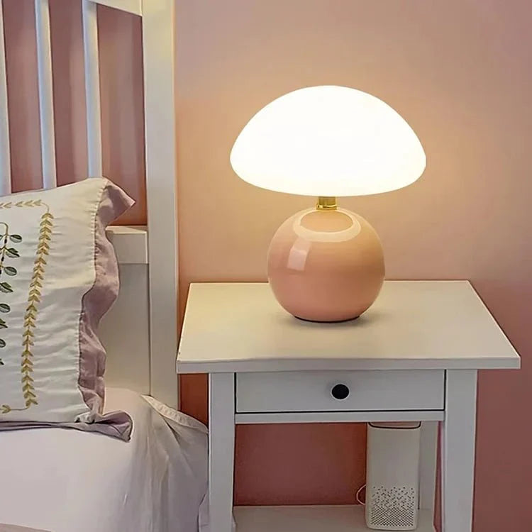 Paddenstoellamp crème met LED-verlichting 3-kleuren instelbaar keramiek en PVC 20 × 22 cm retro Bauhaus | Sulvida
