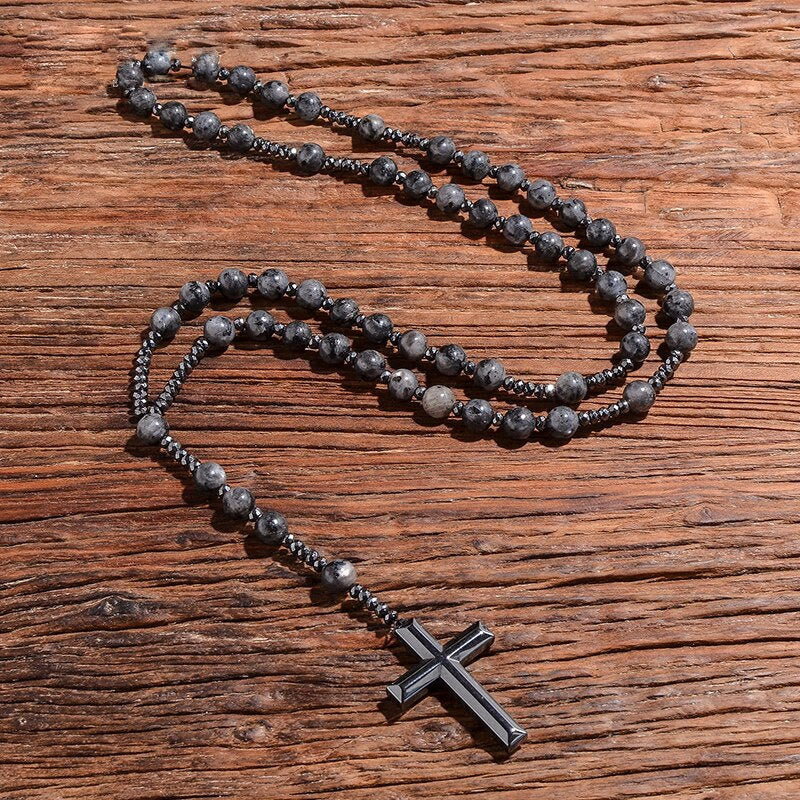 Collier chapelet pour homme en pierres naturelles, œil-de-tigre, lapis-lazuli, croix, perles, réglable, spirituel, bijou de prière | Sulvida