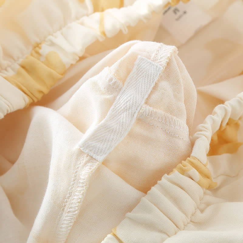 Loungewear-set van katoen met ginkgo-bladmotief en strikdetail – comfortabele tweelaagse gazen pyjamaset met zakken voor dames, ideaal voor lente, zomer en herfst | Sulvida
