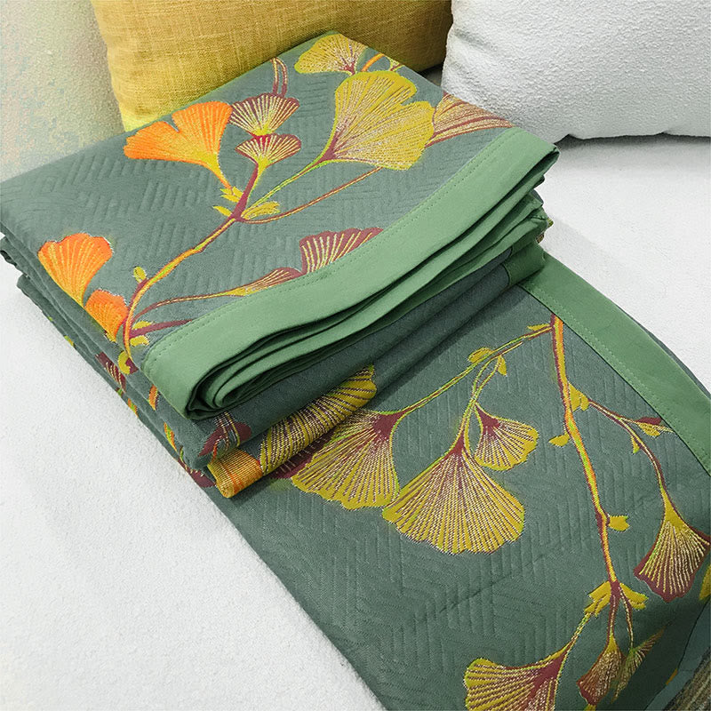 Omkeerbare Quilt met Ginkgobladmotief – Luxe Jacquard Beddengoed van Katoen en Sojavezel voor Queen Size en King Size Bedden | Sulvida