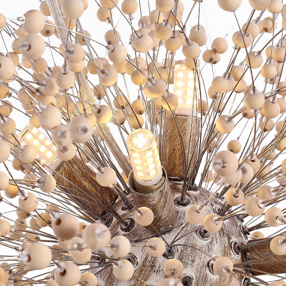 Hanglamp Houten Kralen Wit Gekalkt 8 of 9 Lichtpunten Starburst Design Eetkamer Woonkamer G9 max 25W | Sulvida