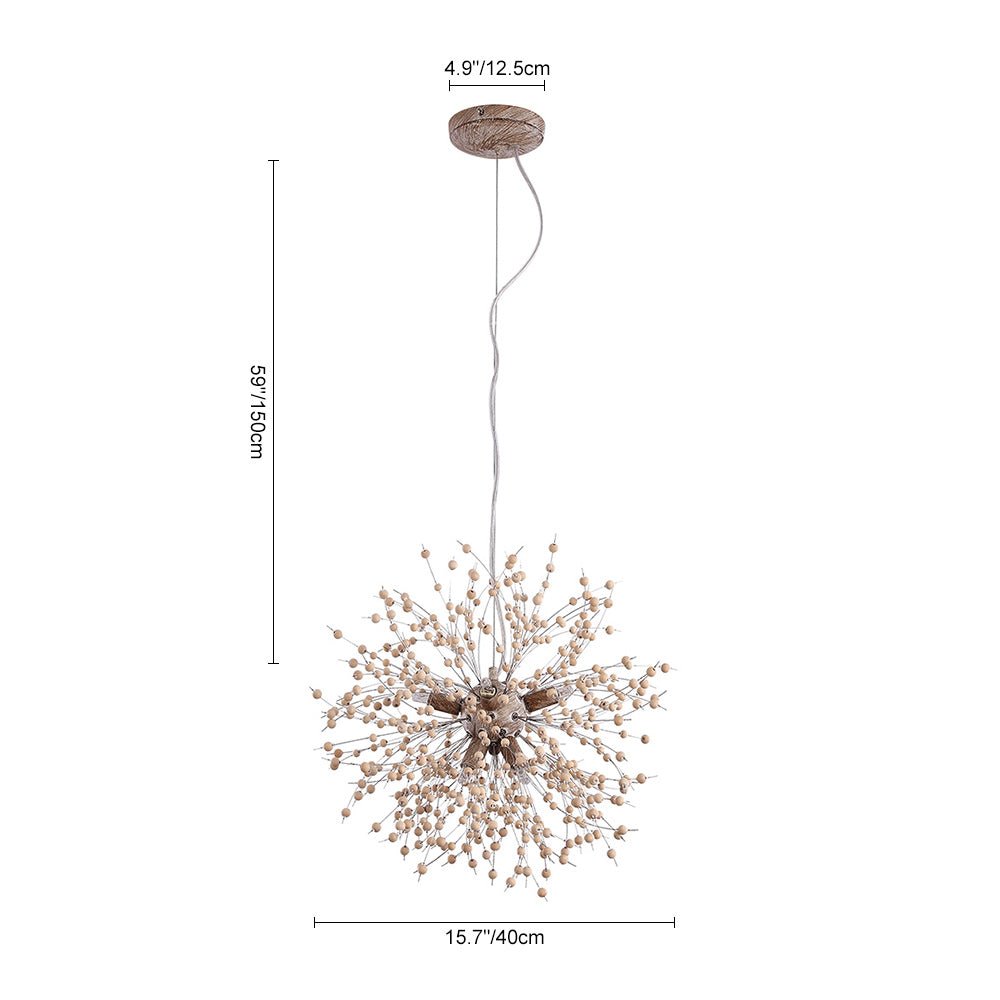 Hanglamp Houten Kralen Wit Gekalkt 8 of 9 Lichtpunten Starburst Design Eetkamer Woonkamer G9 max 25W | Sulvida