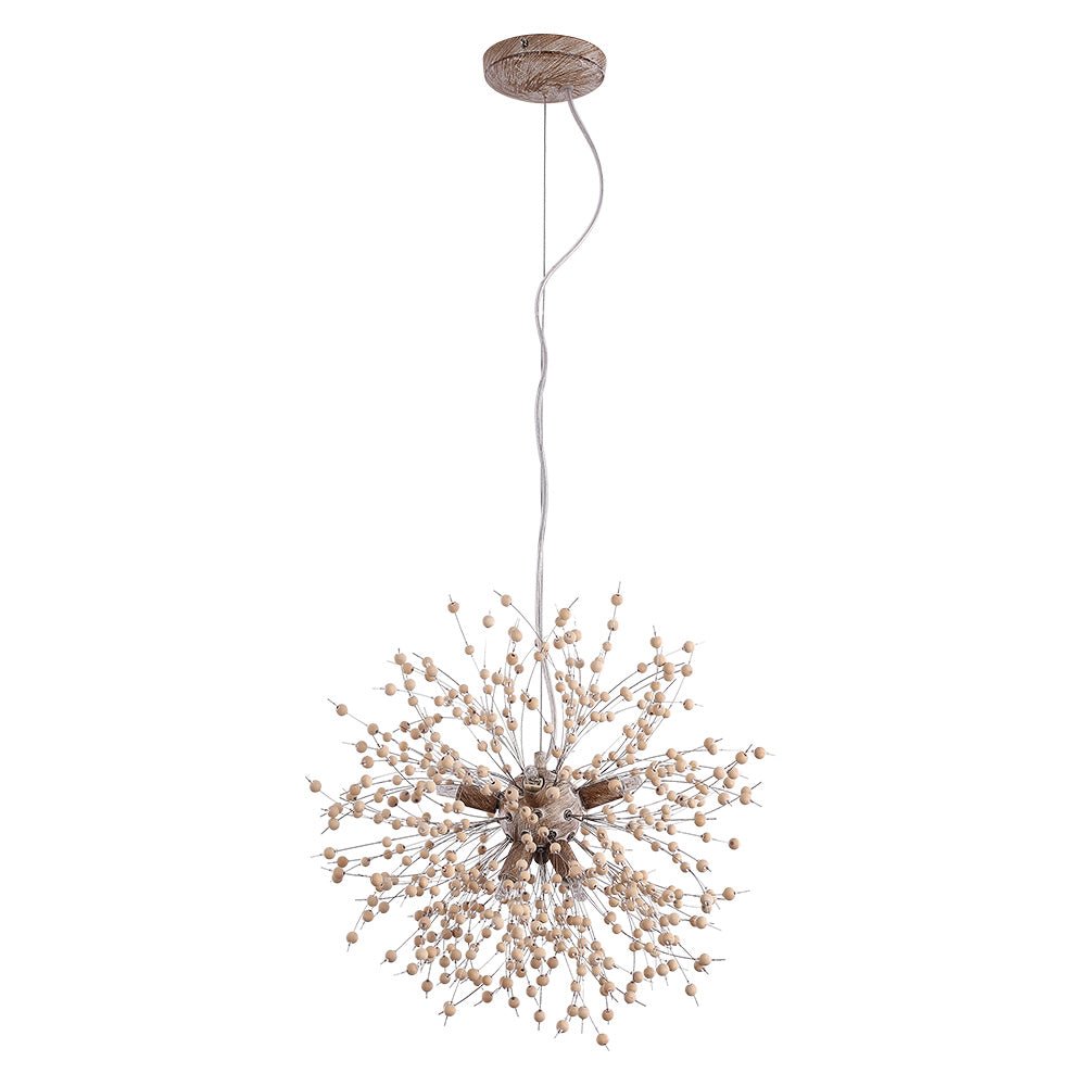 Hanglamp Houten Kralen Wit Gekalkt 8 of 9 Lichtpunten Starburst Design Eetkamer Woonkamer G9 max 25W | Sulvida