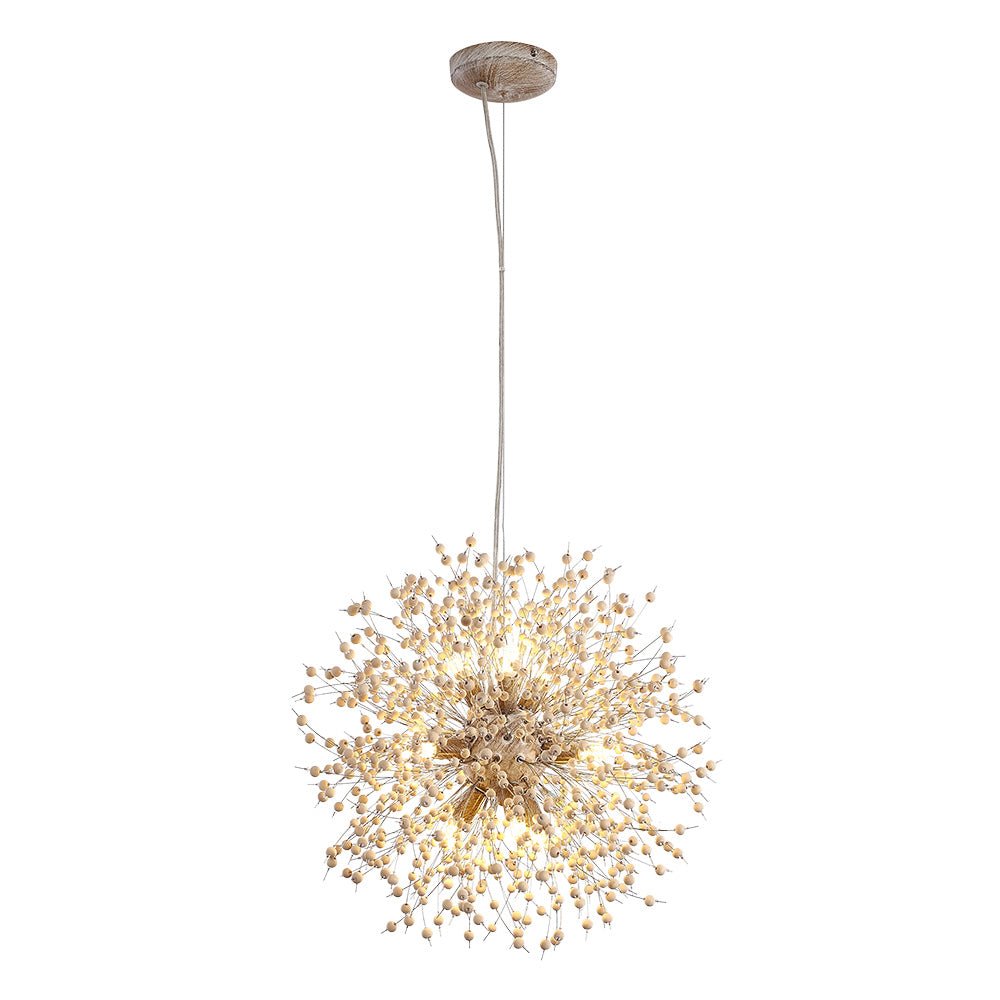 Hanglamp Houten Kralen Wit Gekalkt 8 of 9 Lichtpunten Starburst Design Eetkamer Woonkamer G9 max 25W | Sulvida