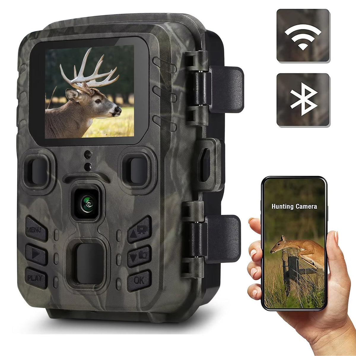 Caméra de chasse Wi-Fi avec carte SD de 32GB, vision en direct, surveillance, vision nocturne, étanche, détecteur de mouvement, observation de la faune en extérieur | Sulvida