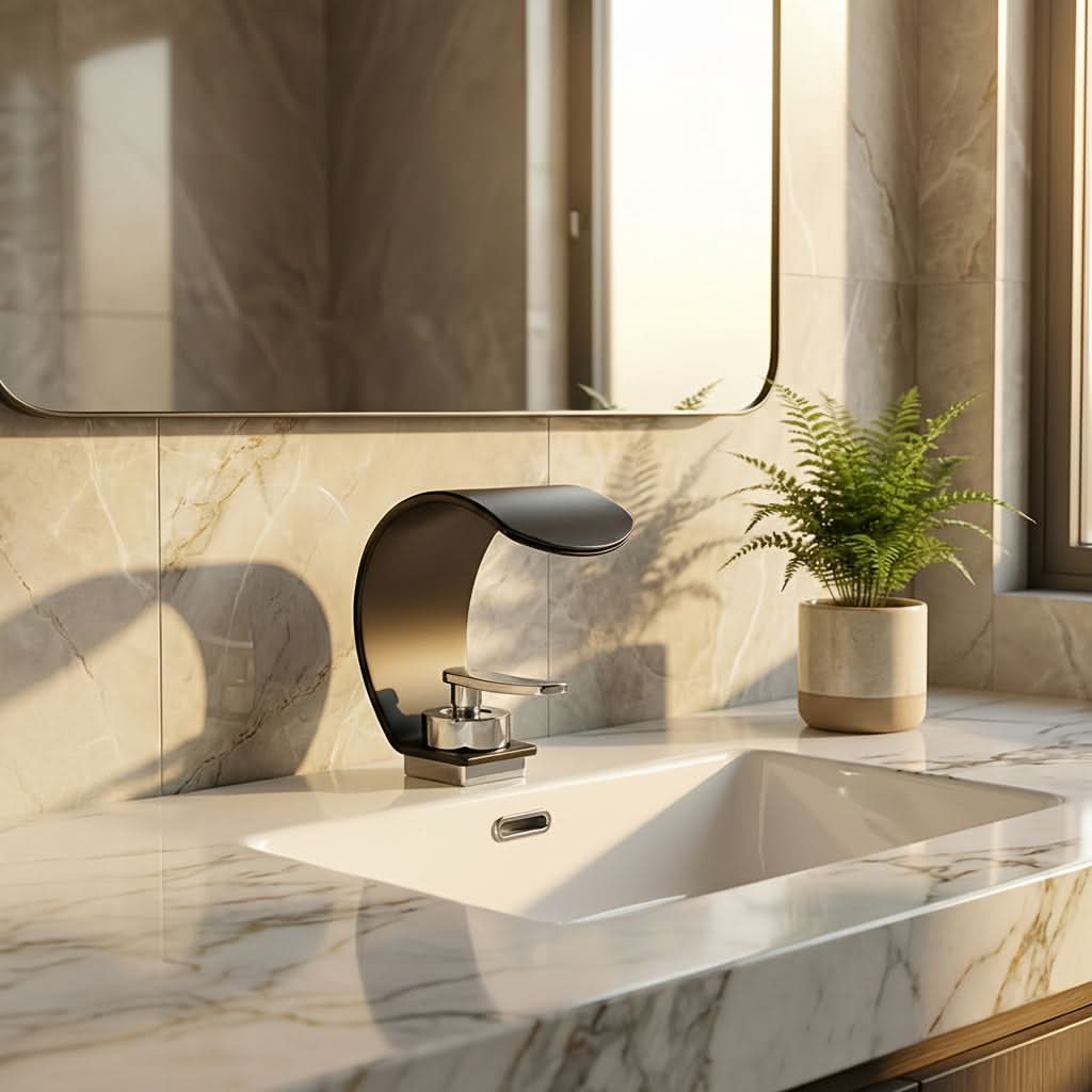 Mitigeur de lavabo à effet cascade, chromé, design moderne, kit de robinetterie, eau chaude et froide, valve en céramique, salle de bains | Sulvida