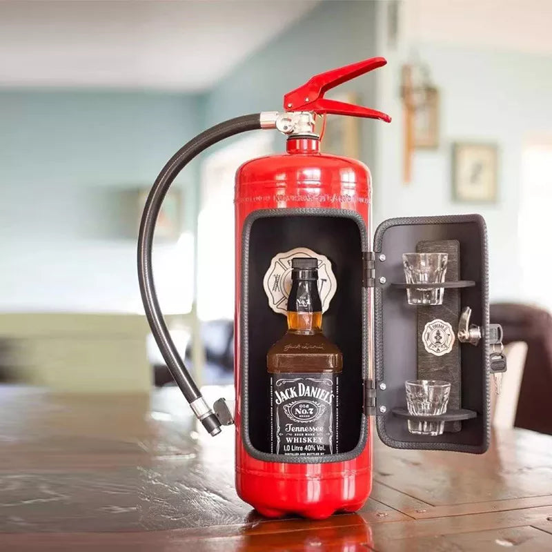 Decoratieve flessenhouder met blusser-design metaal rood zwart interieurobject wijnhouder brandweer thema | Sulvida