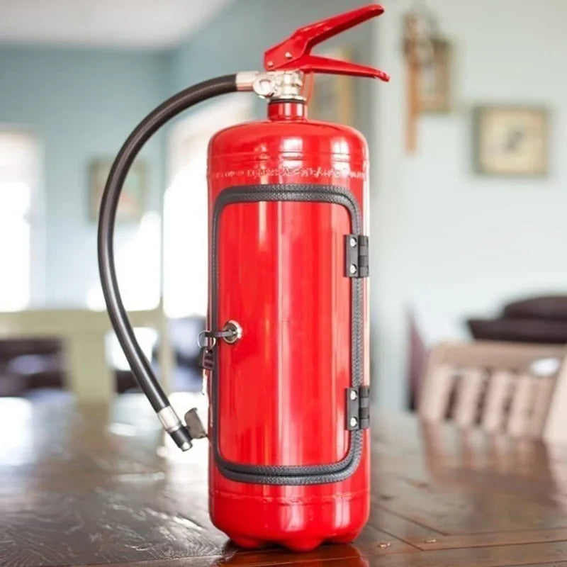 Decoratieve flessenhouder met blusser-design metaal rood zwart interieurobject wijnhouder brandweer thema | Sulvida