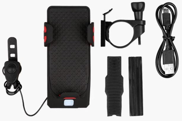 4-in-1 Multifunctionele Fietsstuurhouder met Powerbank, LED-Verlichting en Claxon voor Veilig Fietsen en Smartphone Opladen | Sulvida