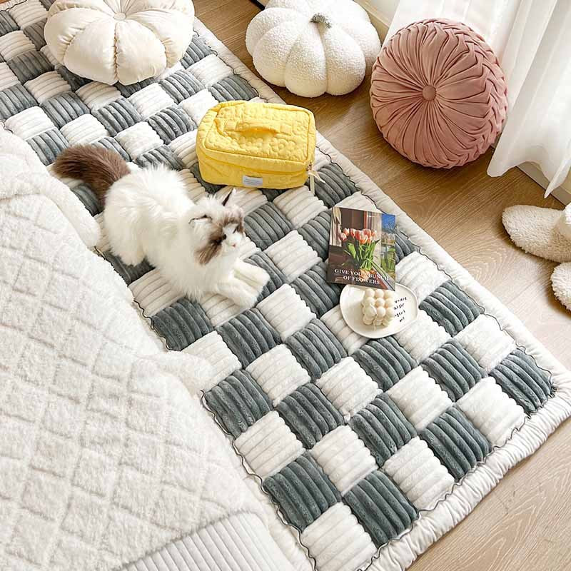 Chenille Huisdierenmat Vierkant Geruit Crème 50x50 cm Anti-slip Wasbaar Hondendeken Kattenmat Beschermer | Sulvida