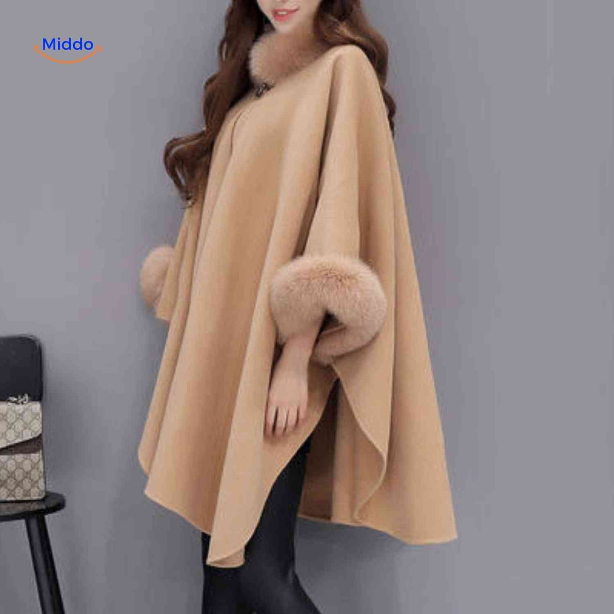 Dames Capejas Wolmix Bontkraag Oversized Poncho Elegante Winterjas Herfst Winter Zwart Grijs Kameel Warm | Sulvida