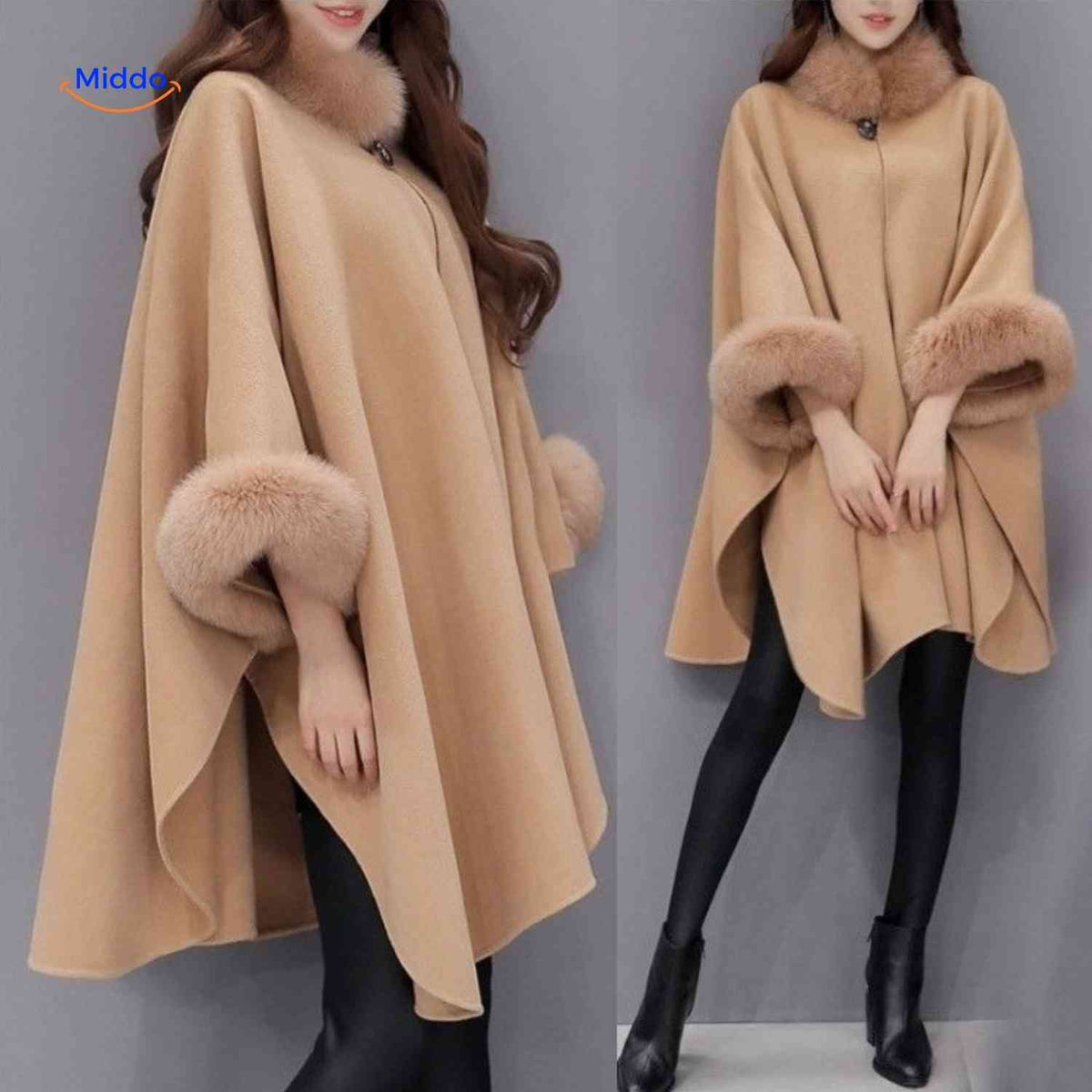 Dames Capejas Wolmix Bontkraag Oversized Poncho Elegante Winterjas Herfst Winter Zwart Grijs Kameel Warm | Sulvida