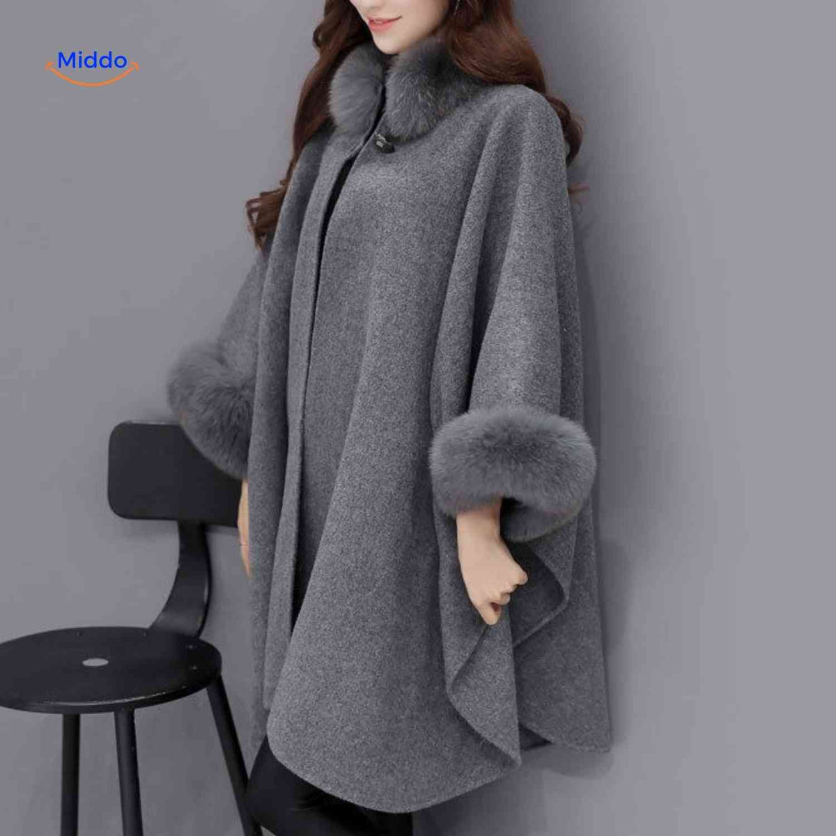 Dames Capejas Wolmix Bontkraag Oversized Poncho Elegante Winterjas Herfst Winter Zwart Grijs Kameel Warm | Sulvida