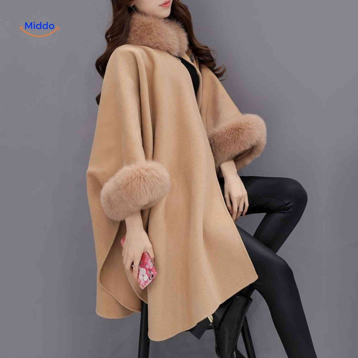 Dames Capejas Wolmix Bontkraag Oversized Poncho Elegante Winterjas Herfst Winter Zwart Grijs Kameel Warm | Sulvida