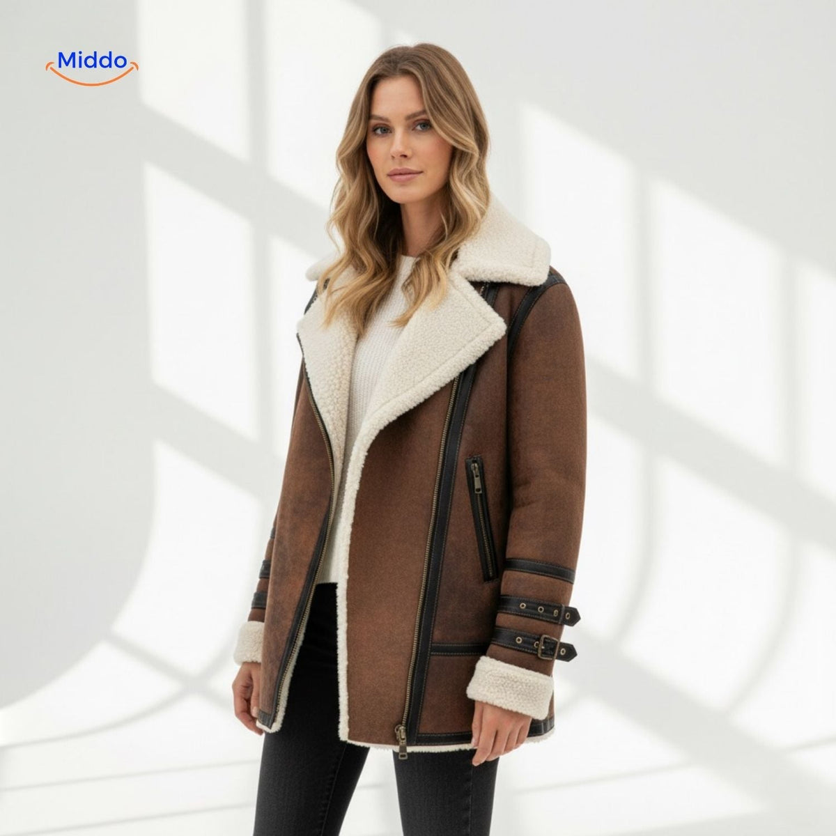 Lange Damesjas met Imitatiebont Suèdelook Warme Winterjas Winddicht Elegant Capuchon Bruin Groen Paars | Sulvida