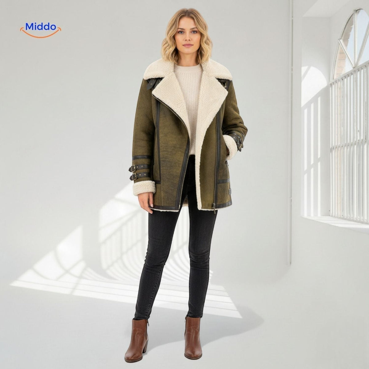 Lange Damesjas met Imitatiebont Suèdelook Warme Winterjas Winddicht Elegant Capuchon Bruin Groen Paars | Sulvida