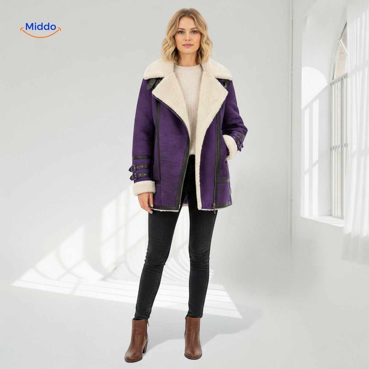Lange Damesjas met Imitatiebont Suèdelook Warme Winterjas Winddicht Elegant Capuchon Bruin Groen Paars | Sulvida