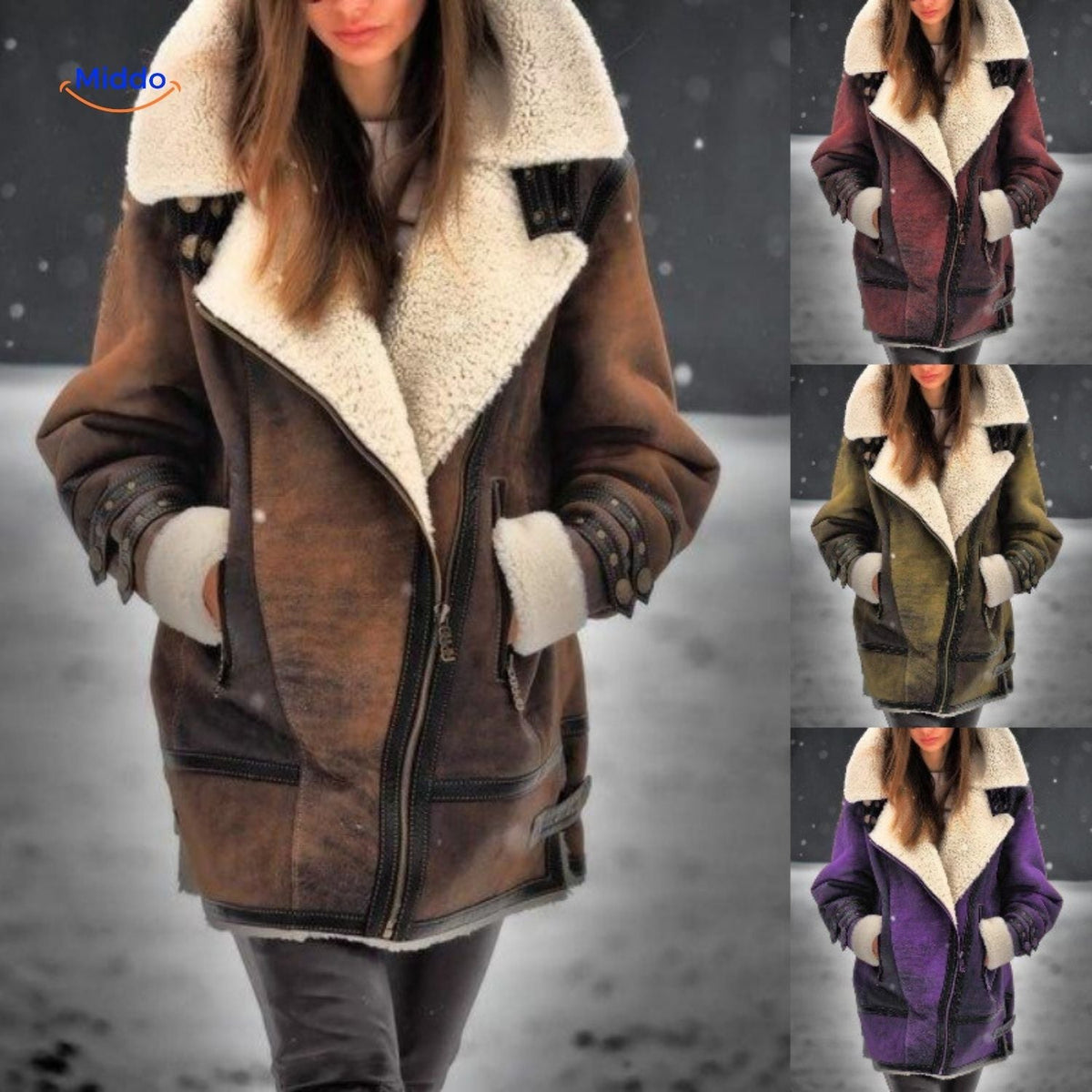 Lange Damesjas met Imitatiebont Suèdelook Warme Winterjas Winddicht Elegant Capuchon Bruin Groen Paars | Sulvida