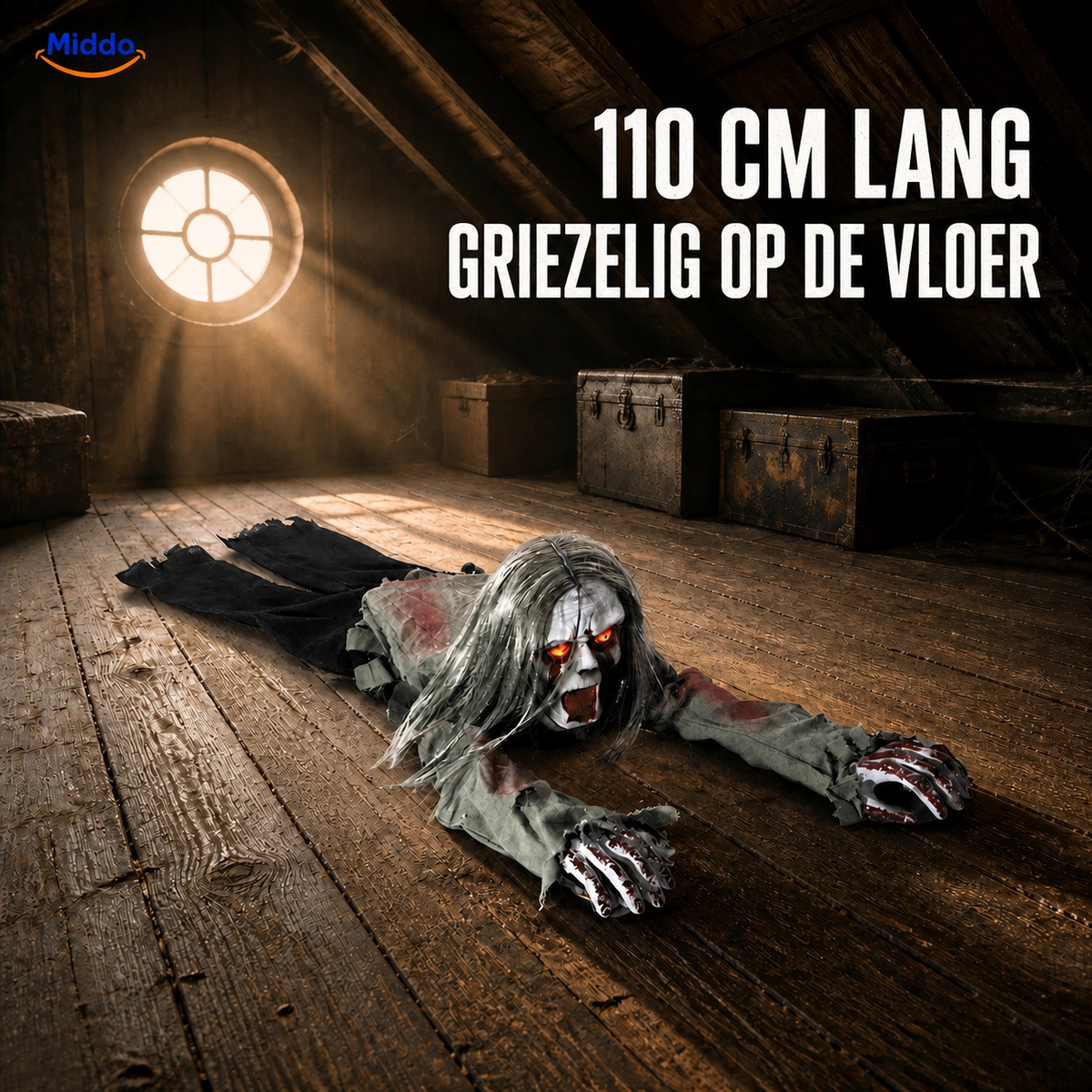 Geluidsgeactiveerde Kruipende Halloweengeest 110cm met Gloeiende Ogen Griezelige Feestaccessoire voor Binnen | Sulvida