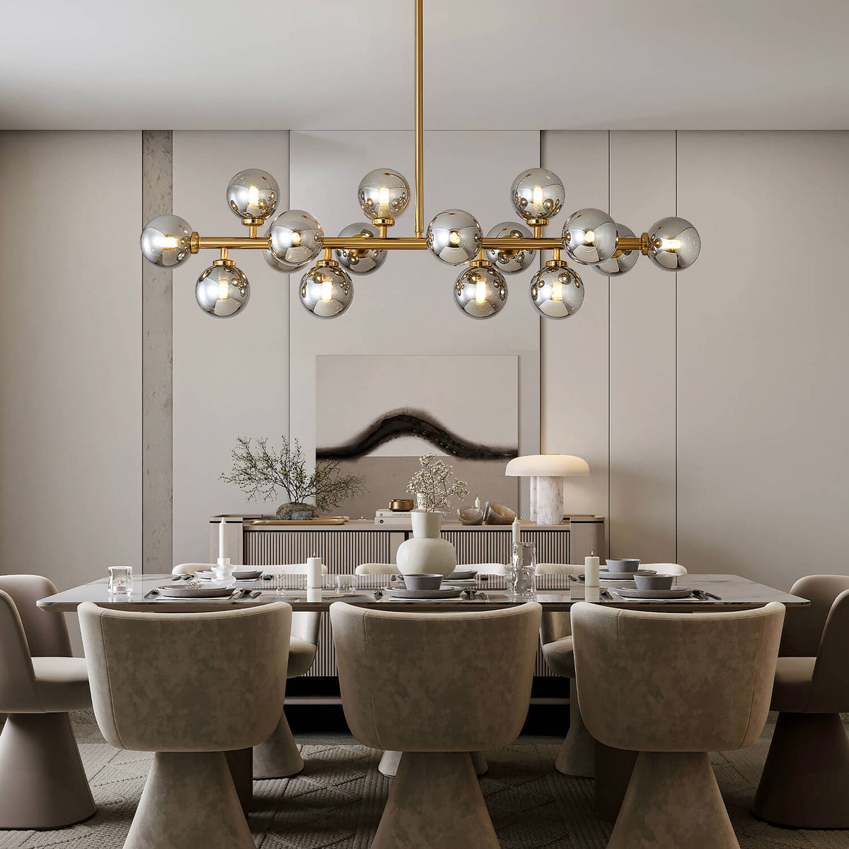 Glazen Hangkroonluchter met 16 Lichtpunten Goudkleurig voor Eettafel Keukeneiland Woonkamer en Slaapkamer | Sulvida