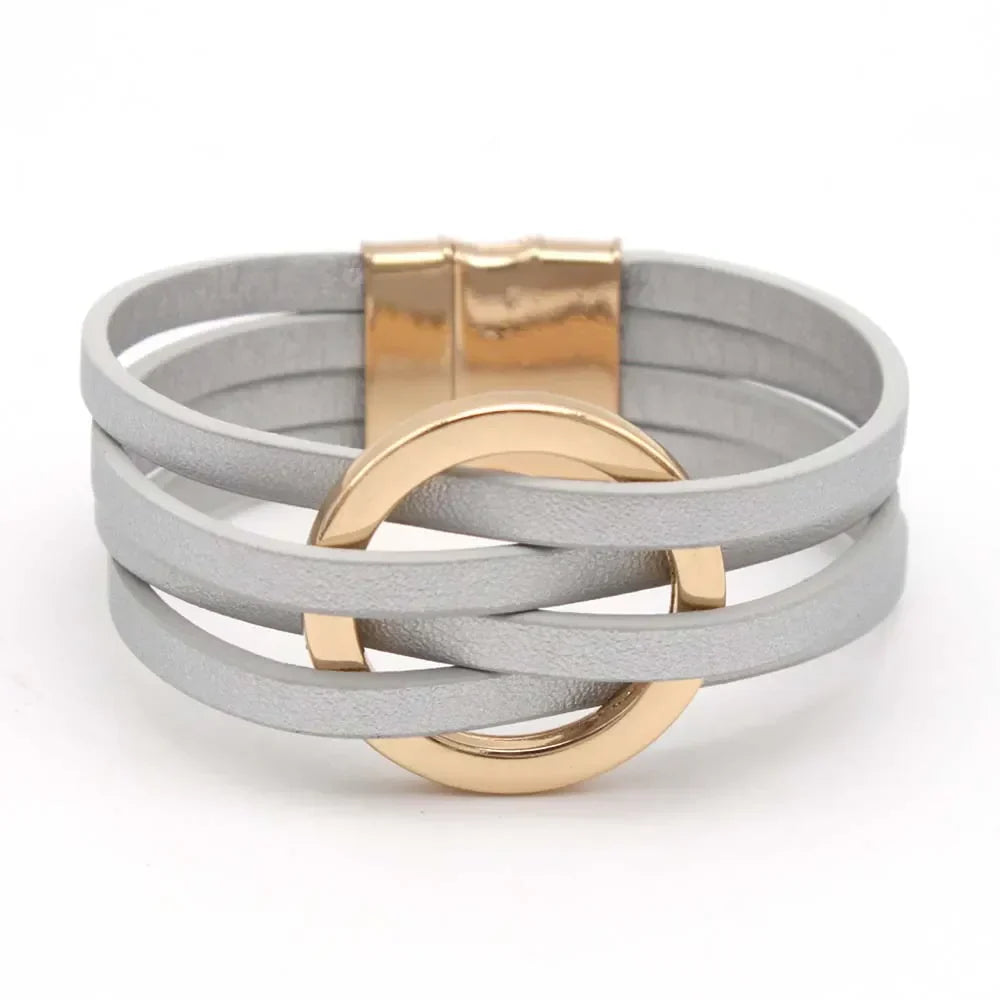 Leren Wikkelarmband Meerlaags Decoratief O-Detail Magneet Zwart Bruin Groen Navy Blauw Zilver Rood Hart | Sulvida