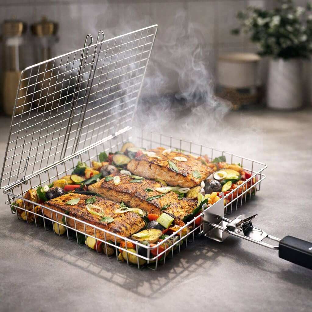 BBQ Grillmand Roestvrij Staal voor Vis & Groenten met Handgreep 33,5 cm Barbecue Roostertje Grill Accessoire | Sulvida
