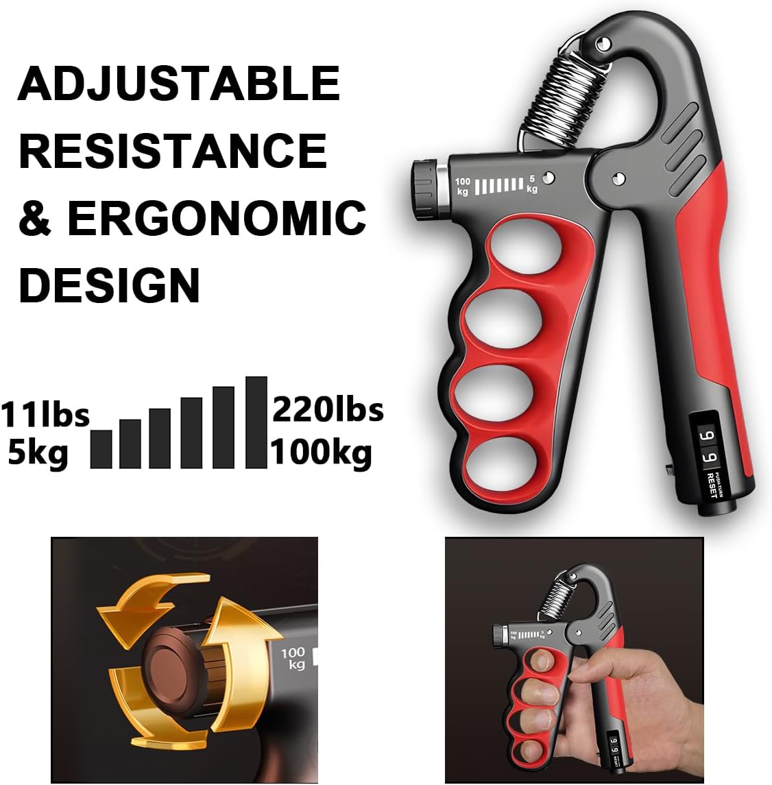 Verstelbare Handtrainer tot 100 kg – Onderarmtrainer met Teller voor Grip en Spierkracht – Ergonomisch Handknijper Geschikt voor Beginners en Gevorderden | Sulvida