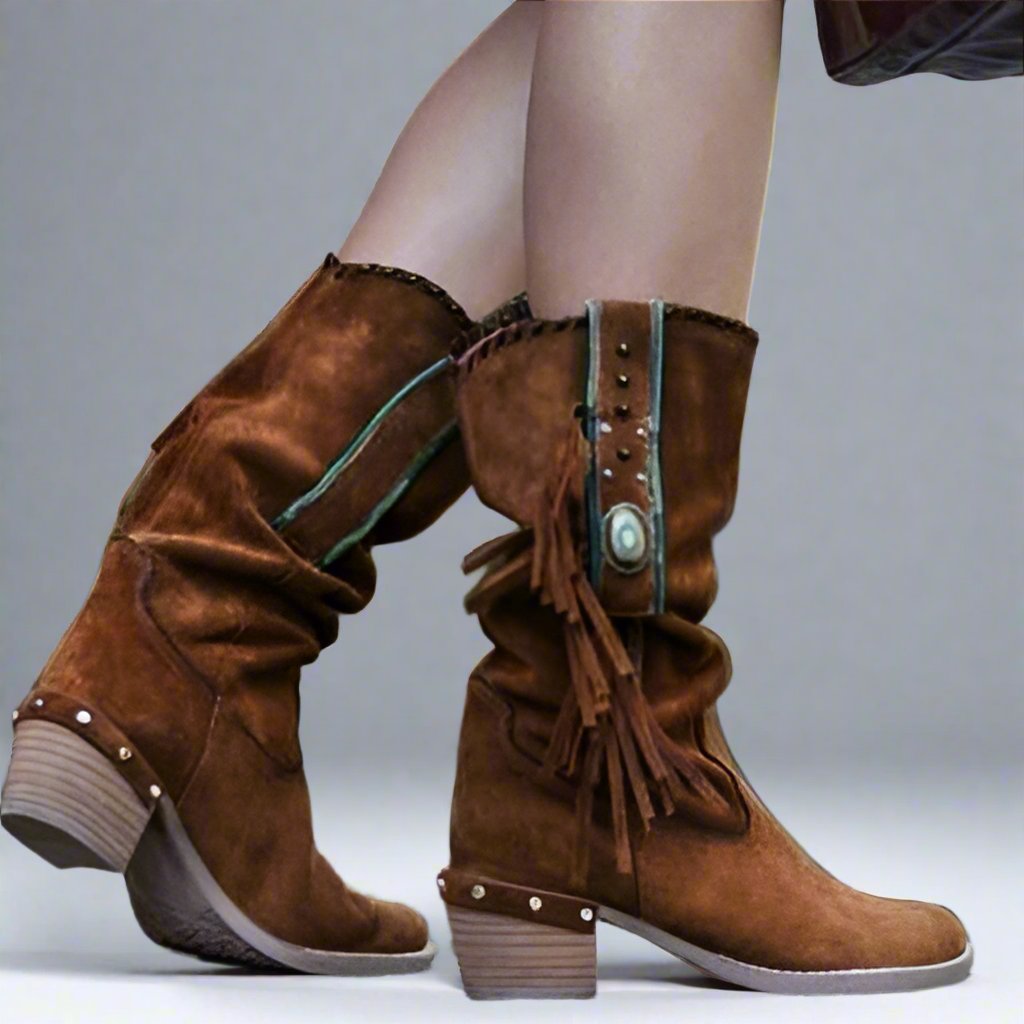 Bottines mi-mollet à franges pour femme, style bohème, marron, camel, noir, beige ou gris, décontractées, confortables, tendance, style western | Sulvida