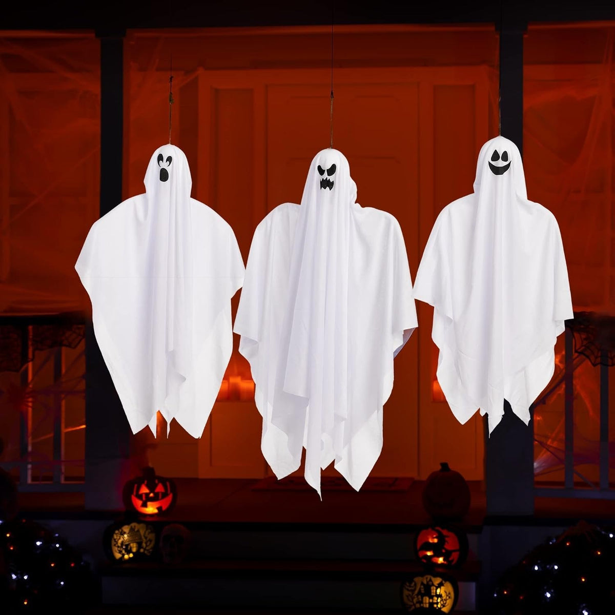 Hangende Spookfiguren Set van 3 Stuks Wit Gaas Halloween Decoratie Binnen & Buiten Griezelversiering | Sulvida