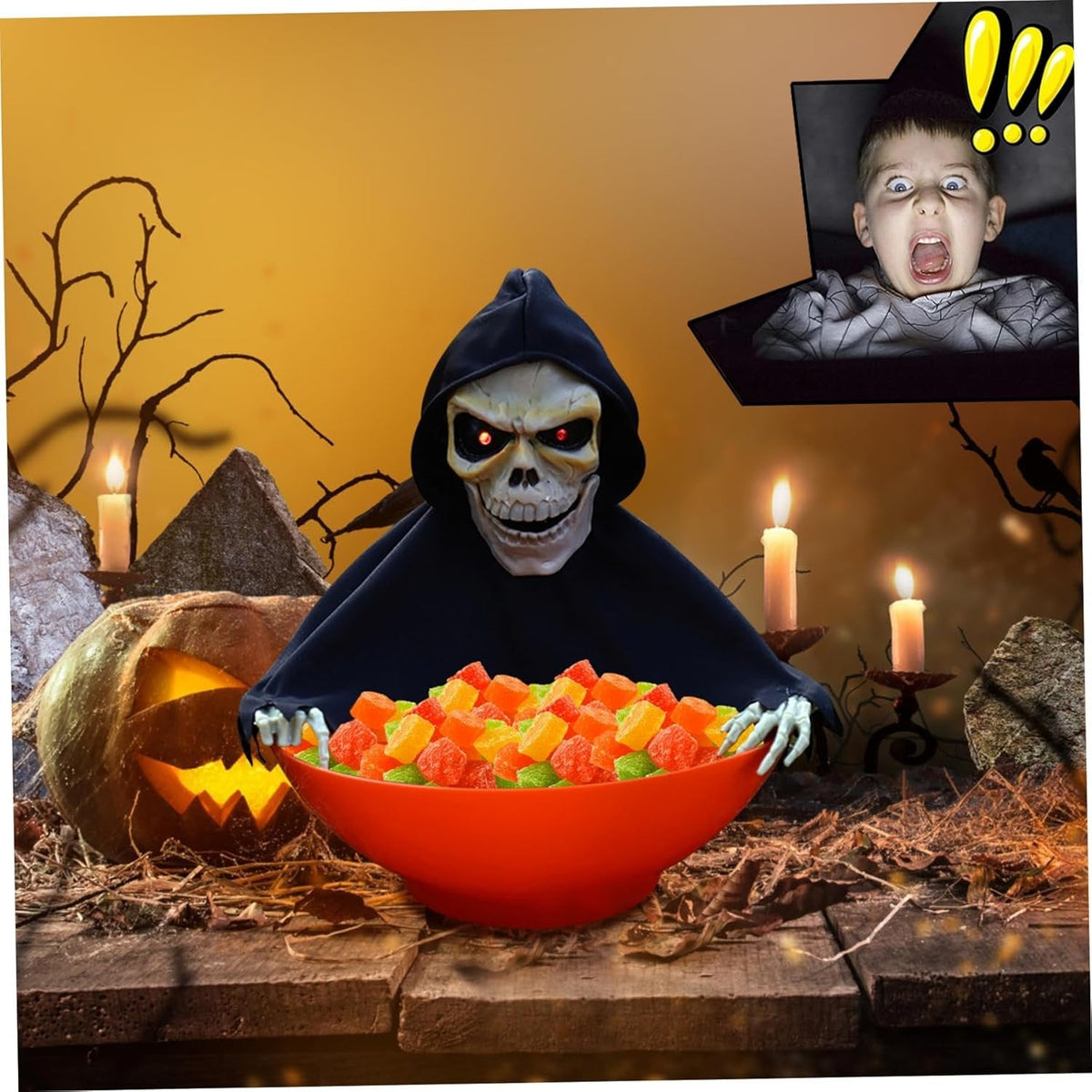 Interactieve Snoepschaal voor Halloween met Geluid en Licht Griezel Decoratie Feestversiering Pompoen Party | Sulvida