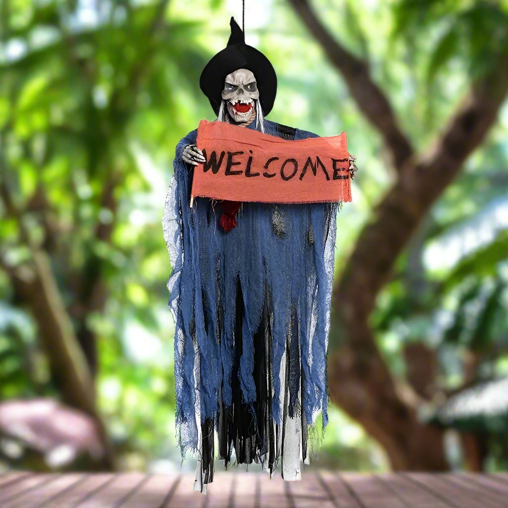 Hangende Spookfiguur met LED-ogen en Bewegingssensor Halloweendecoratie Griezelig 100cm Horror Party | Sulvida