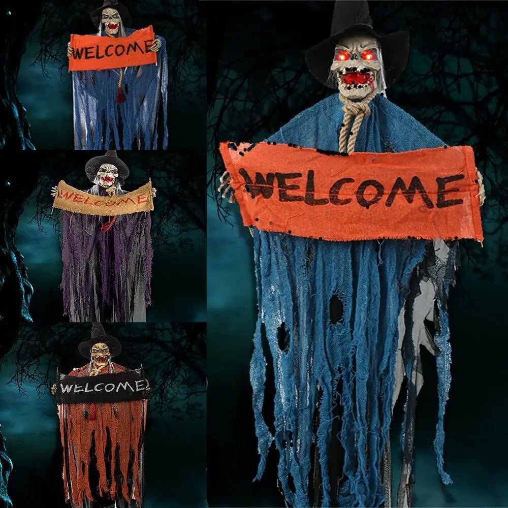 Hangende Spookfiguur met LED-ogen en Bewegingssensor Halloweendecoratie Griezelig 100cm Horror Party | Sulvida