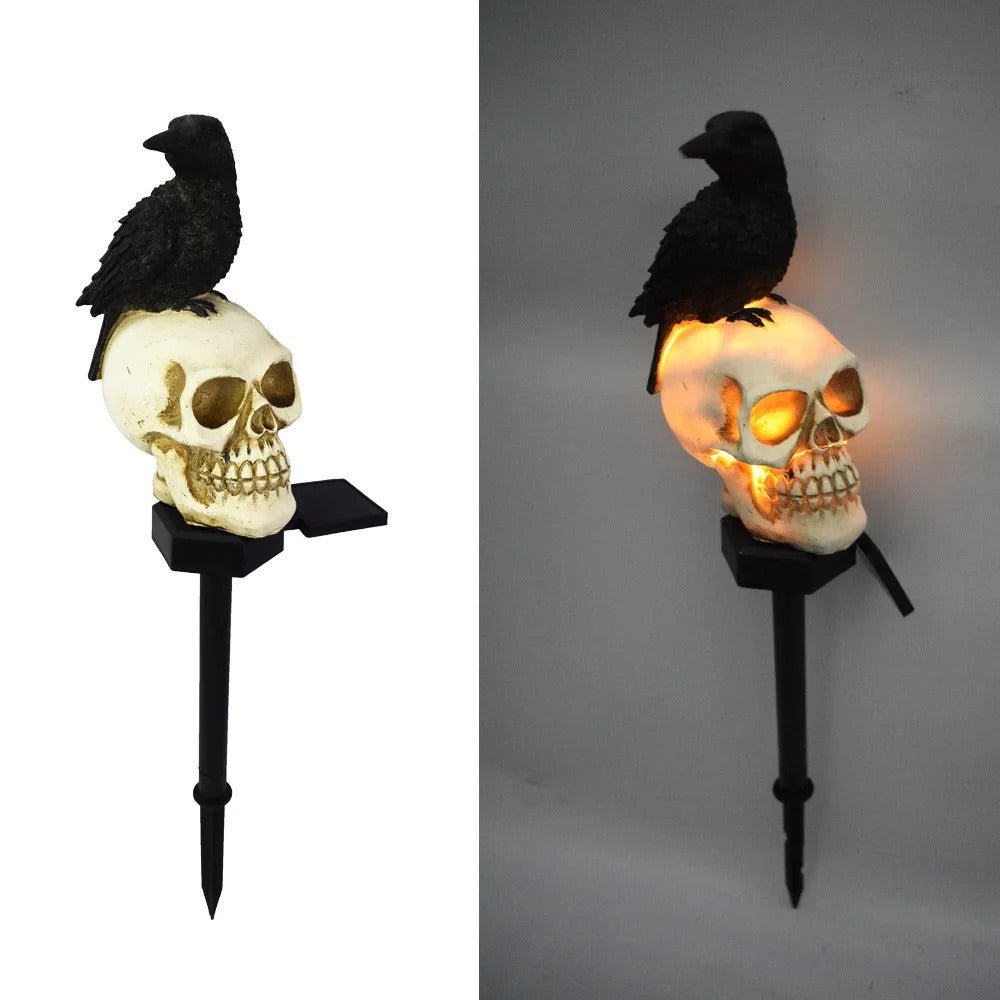 Solar Doodshoofd Tuinverlichting met Raaf Zwart Wit Halloween Decoratie Padverlichting LED Tuin Sfeer | Sulvida