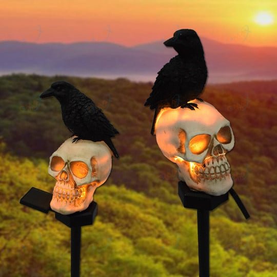 Solar Doodshoofd Tuinverlichting met Raaf Zwart Wit Halloween Decoratie Padverlichting LED Tuin Sfeer | Sulvida